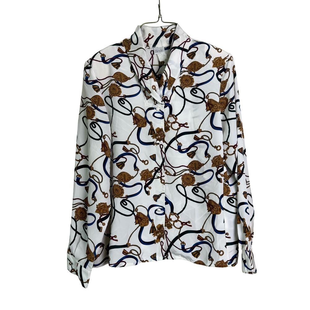 Bleyle red white gold royal‎ tassel rope medallion print button up blouse LARGE